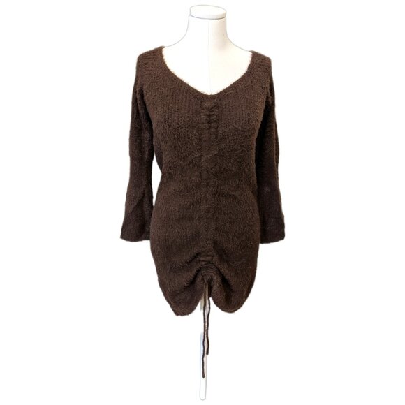 Womens Fuzzy Knit Brown Sweater Dress Ruched Party Fall V-Neck Casual Cozy Sz M - Picture 2 of 9